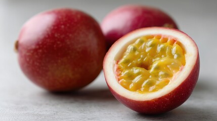 Passionfruit Displayed With Bright Yellow Pulp in the Center Surrounded by Whole Fruits on a Light Surface Generative AI