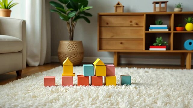 Children multicolored cube blocks lying on white carpet playroom. AI Generative