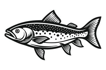 Black and White Illustration of a Trout with Spots and Detailed Fins