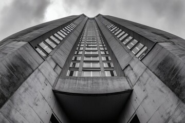 Fototapeta premium Minimalistic, black and white architectural drawing of a modern skyscraper, contemporary, precision, architectural design, visual geometry 