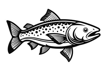 Black and White Illustration of Trout Fish with Spotted Pattern Design
