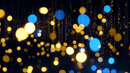 Abstract bokeh background with shimmering gold and blue light particles cascading downward in elegant, festive, and blurred formations.