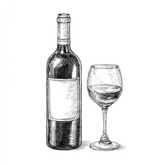 Sketch engraving of wine bottle and glass in vintage black and white style on white background
