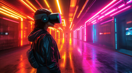 Person wearing VR headset in neon-lit futuristic corridor, exploring virtual reality, night scene, vibrant colors, immersive technology experience.