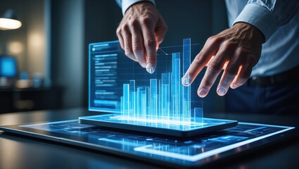 Analyzing Financial Data on a Digital Interface with Glowing Bar Graph and Hands Interacting with the Screen