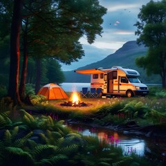 Camper van parked by peaceful lake with glowing campfire and tents, perfect outdoor camping getaway in serene wilderness