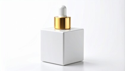 White Square Serum Bottle with Gold Dropper Top on White Background