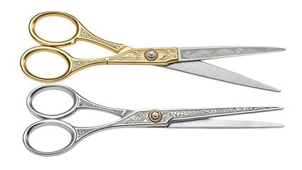 Fototapeta premium Elegant gold and silver decorative scissors on transparent background