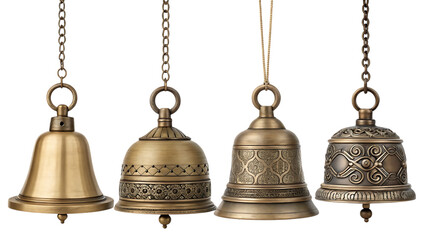 Antique brass bells hanging with chains on transparent background