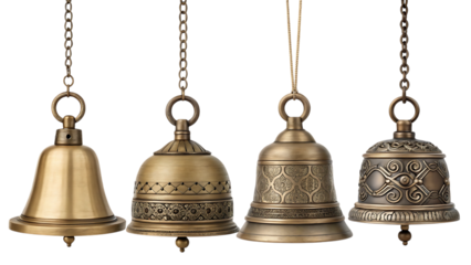 Antique brass bells hanging with chains on transparent background