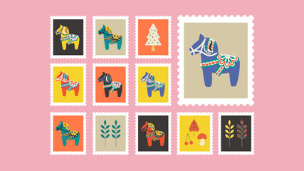 2026年　ダーラナホースの切手フレームベクターイラストセット