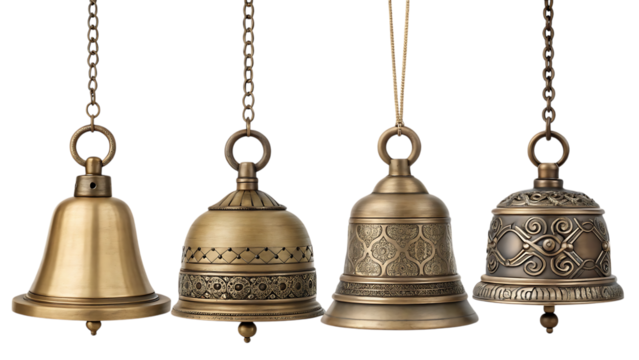Antique brass bells hanging with chains on transparent background