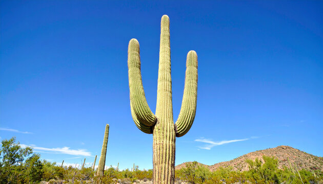Large green cactus in desert against bright blue sky. Natural landscape.