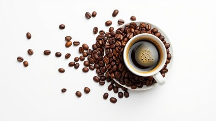 Overhead Shot of Coffee Cup with Beans on White Background Minimalist and Clean Style Coffee Break