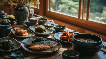 Fototapeta premium table set with traditional Korean dishes