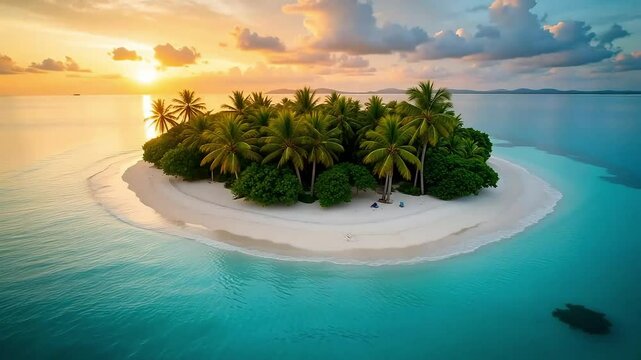 Aerial view of tropical island with palm trees surrounded by turquoise water at sunset light 4k video