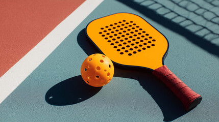 Bright orange pickleball paddle and ball on colorful court under summer sun. Modern active lifestyle, trendy sport equipment, perfect for leisure and vacation visuals.