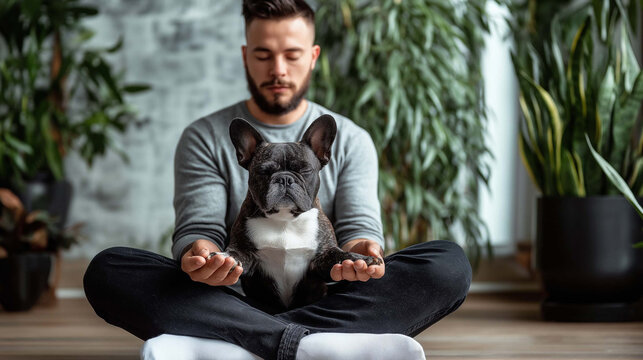 Man meditating with his French bulldog, showing pet companionship, mindfulness, and mental wellness in a peaceful indoor setting with plants and calm atmosphere.