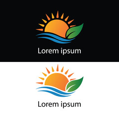Eco Nature Logo with Sun, Leaf, and Wave Vector
