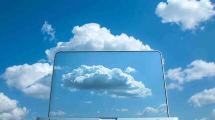 Laptop Reflecting Sky and Clouds: Technology, Cloud Computing Concept, Blue Sky Background and Conceptual Metaphor
