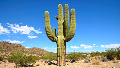 Large green cactus in desert against bright blue sky. Natural landscape.
