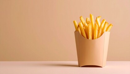 マットなクリーム色背景に隅にひとつ置かれたカリッと揚がった黄金色のフライドポテトが、控えめながら豊かな食感と温かみを感じさせる

