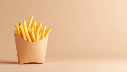 マットなクリーム色背景に隅にひとつ置かれたカリッと揚がった黄金色のフライドポテトが、控えめながら豊かな食感と温かみを感じさせる

