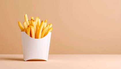 マットなクリーム色背景に隅にひとつ置かれたカリッと揚がった黄金色のフライドポテトが、控えめながら豊かな食感と温かみを感じさせる

