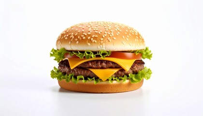 マットな白背景に丁寧に重ねられたシンプルなチーズバーガーが置かれ、モダンでクリーンな雰囲気を醸し出す美しい写真作品

