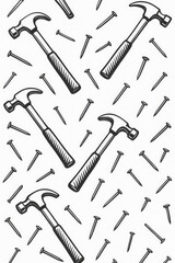 Hammer nails seamless pattern tools construction carpentry building hardware equipment background. Texture wallpaper design. DIY handyman workshop craft repair maintenance vector illustration