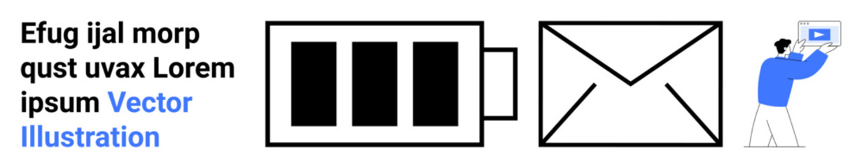 Battery symbol next to a mail icon and a person holding a tablet. Ideal for messaging, email, connectivity, tech support, notifications, updates, and simple landing page