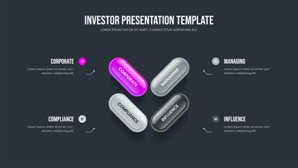 Creative Innovation Four Element Diagram Slide Layout. Visual Visualization 4 Option Infographic Slideshow Design. Modern Report Presentation Template Vector Illustration.