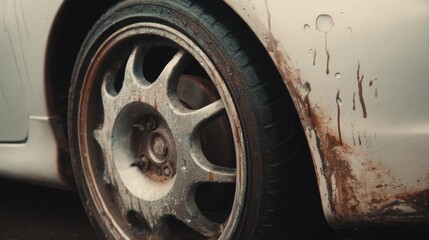 Close-up view of corroded sheet metal over wheel arch of old white car, showing rusty surface with water droplets, damaged paint, dirty texture, road salt decay, aging vehicle and maintenance issues