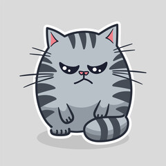 Cartoon gray striped sad or angry cat with closed eyes, offended; arrogant and silent domestic cat.