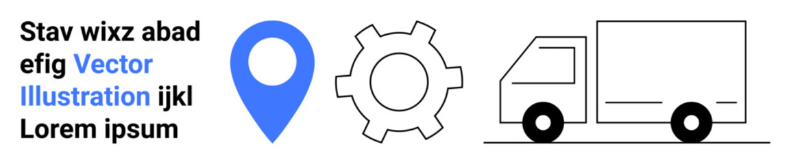 Truck, gear, and location marker visualizing transport, logistics, delivery, navigation, innovation, industrial processes. Ideal for shipping services supply chain optimization simple landing page