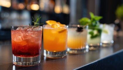 Colorful Cocktails Lined up on a Bar Counter Showcasing Various Ingredients and Garnishes in a Lively Atmosphere Generative AI