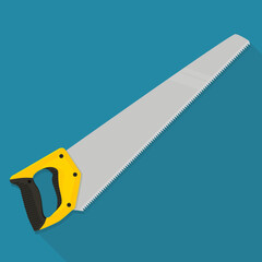 Hand saw in flat design style on blue background with long shadow