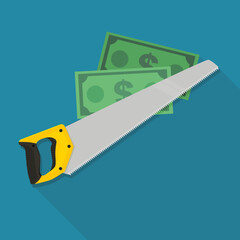 Hand saw with a wad of dollars on a blue background with a long shadow (flat design)