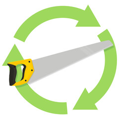 Hand saw with a green circular symbol of three recycling arrows in a flat design style (cut out)