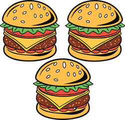 Three Cartoon Cheeseburgers with Lettuce Tomato and Cheese on a White Background