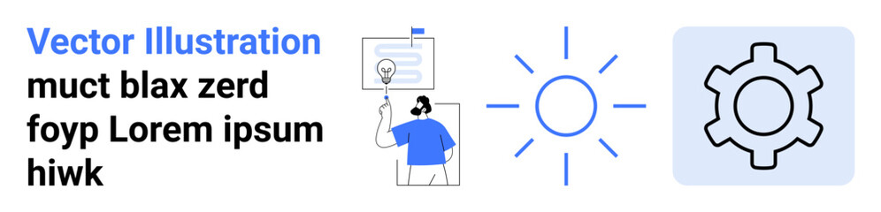 Individual presenting idea, bright light symbolizing innovation, and gear representing processes and productivity. Ideal for brainstorming, problem-solving, innovation, creativity, technology
