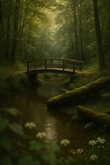 Forest with Wooden Bridge and Mossy Log – Romantic Fall Portrait Background