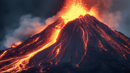 Explosive Volcano Eruption with Flowing Lava and Ash Cloud