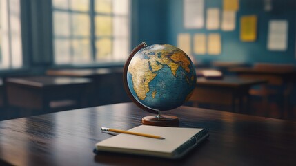 School classroom with a globe, maps, and geography lessons in progress.