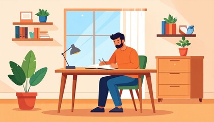 Man Working At Home Office Desk With Books