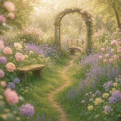 Spring Flower Garden with Wooden Bridge and Mossy Log – Colorful Portrait Background