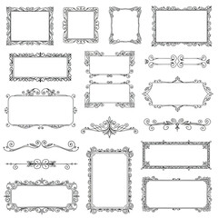 Raster illustration. Decorative vintage frames and borders. Illustration in white, black and green colors. Border design is pattern in doodles art style. Seamless. Decoration pattern style.