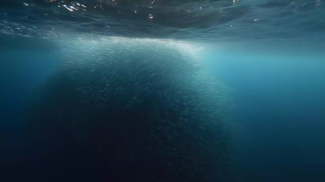 Amazing underwater shot captures mackerel fishes forming a mesmerizing bait ball in the deep, dark blue ocean. Suitable for marketing or business purposes