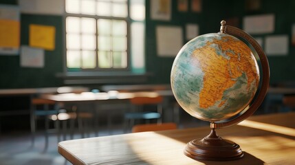School classroom with a globe, maps, and geography lessons in progress.