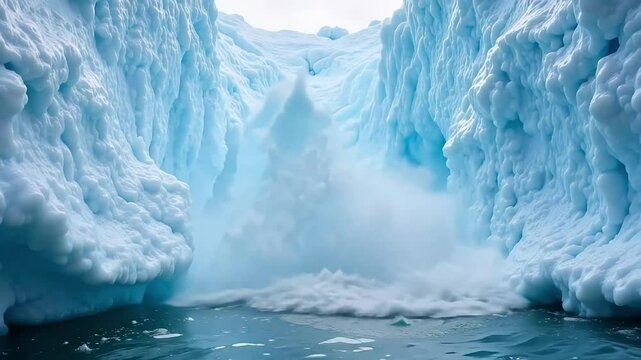 A scenic view of a glacier calving into the ocean with bright blue ice and turbulent water flow 4k video